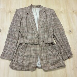 Vintage Rafael Blazer Jacket Womens 4 Beige Plaid Tweed Belted Lined Longline